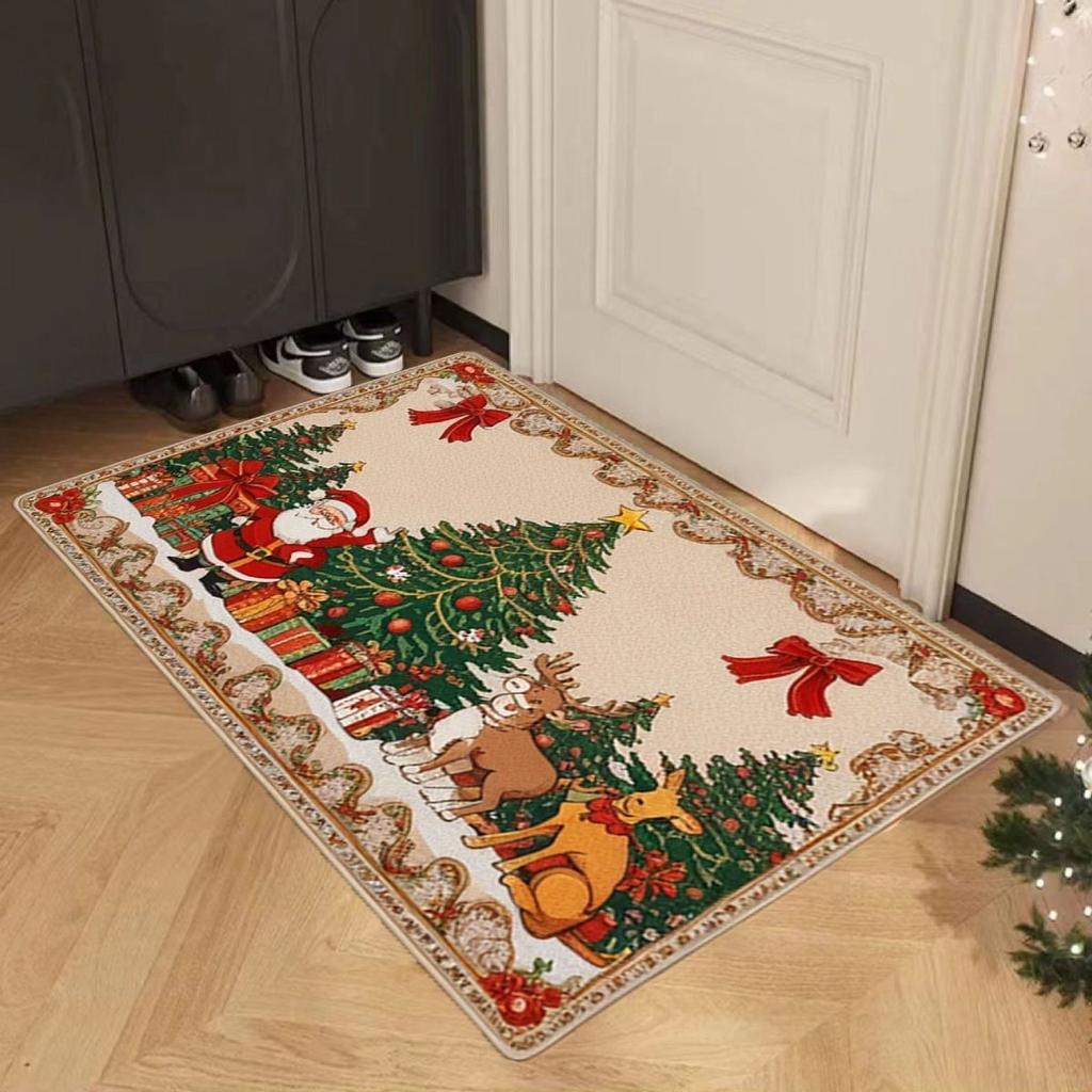 Christmas Winter Crystal Velvet Living Room and Bedroom Slippery Floor Rug, Bathroom Entrance Floor Mat, Home Decoration
