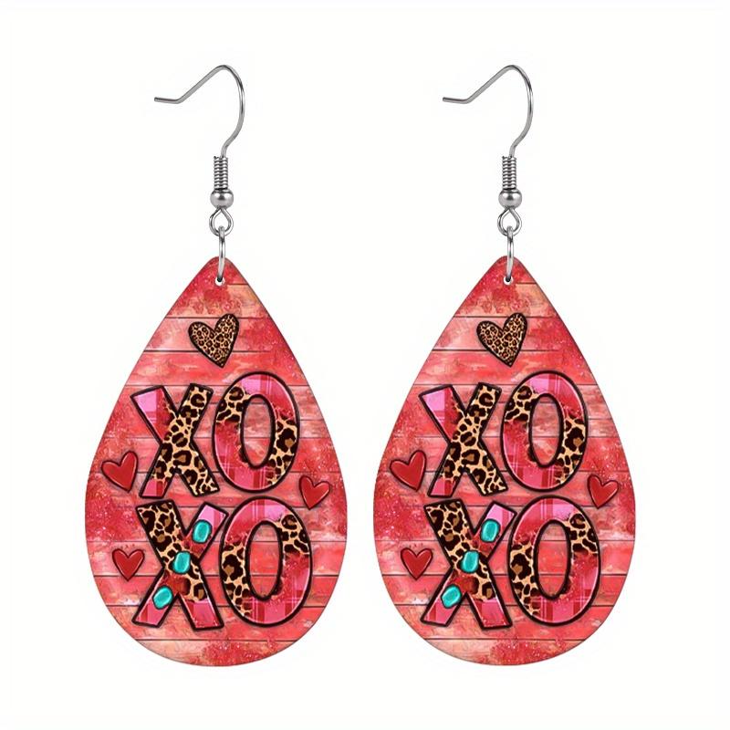 Sexy Leopard Love Print PU Earrings for Women Girls, Romantic "XOXO" Jewelry Drop Earrings, Wedding Engagement Festive Hoop Earring Jewelry,