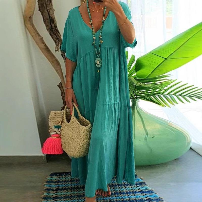 

Women s Dress Summer New Elegant Beach Vacation Women s Long Dress Solid Color Loose A Line V-neck Short Sleeve Plus Size Female Dresses 3XL озеро синього кольору