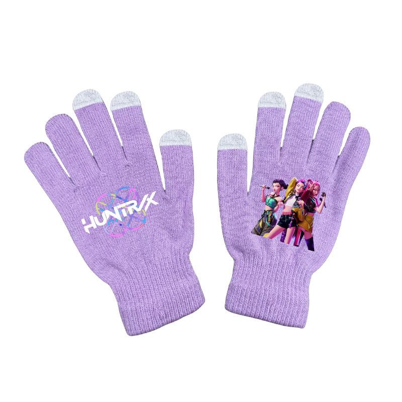 Kids Boys Girls Kpop Hunters Derpy Rumi Zoey Mira Printed Velvet Autumn Winter Warm Knitted Gloves