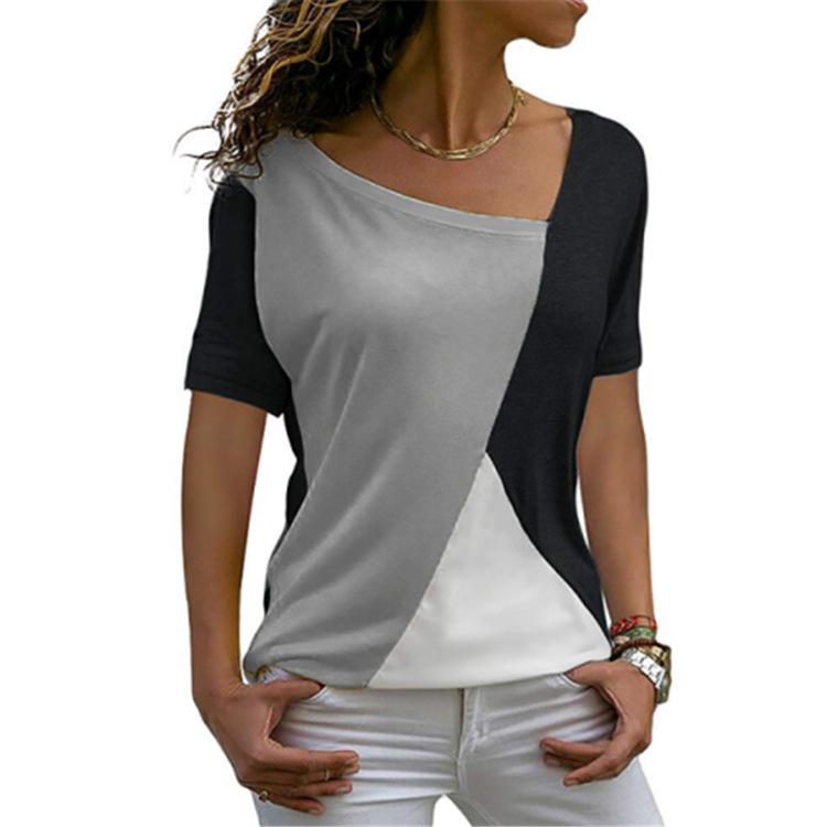 Summer Women Fashion Color-stitching Print T-shirt Loose Plus Size Top