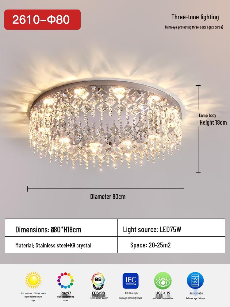 Luxurious French Crystal Ceiling Lamp - High-End Stainless Steel Round Fixture for Living Room or Master Bedroom.