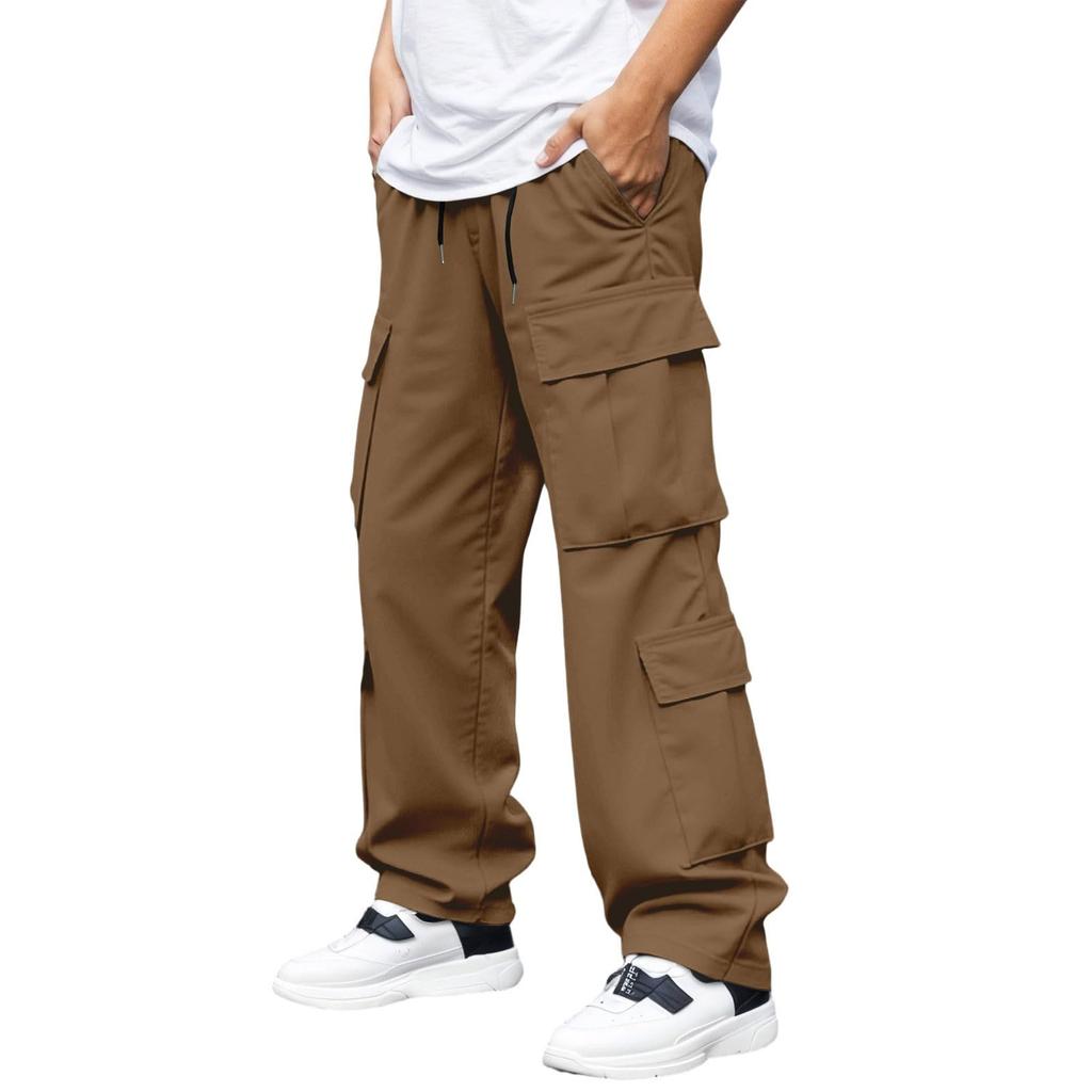 Men's Multi-Pocket Cargo Drawstring Hiking Pants, Loose Fit Casual Athletic Trousers