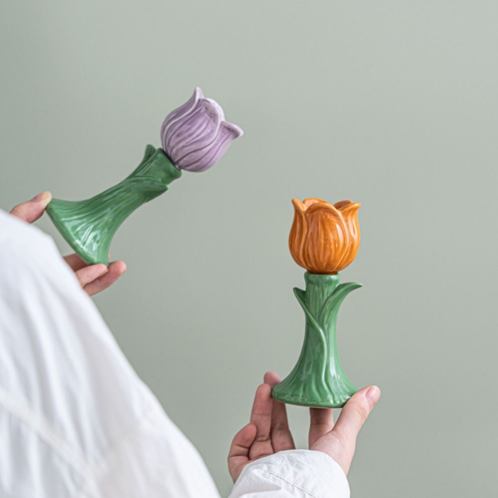 Nordic Style Tulip Candle Holder Handmade Simple Design Ceramic Tulip Candle Stand Decorative Creative Desktop Tulip Ornament