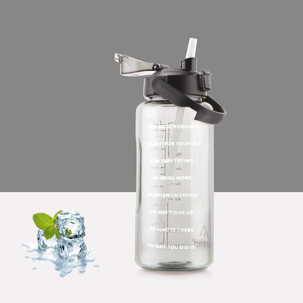 Smasher 2 Liter Quotes & Time Marker Sports Bottle With Easy To Carry Handle & Straw BPA Free, Leak Proof for Gym, Office, Workout- Black, Plastic
