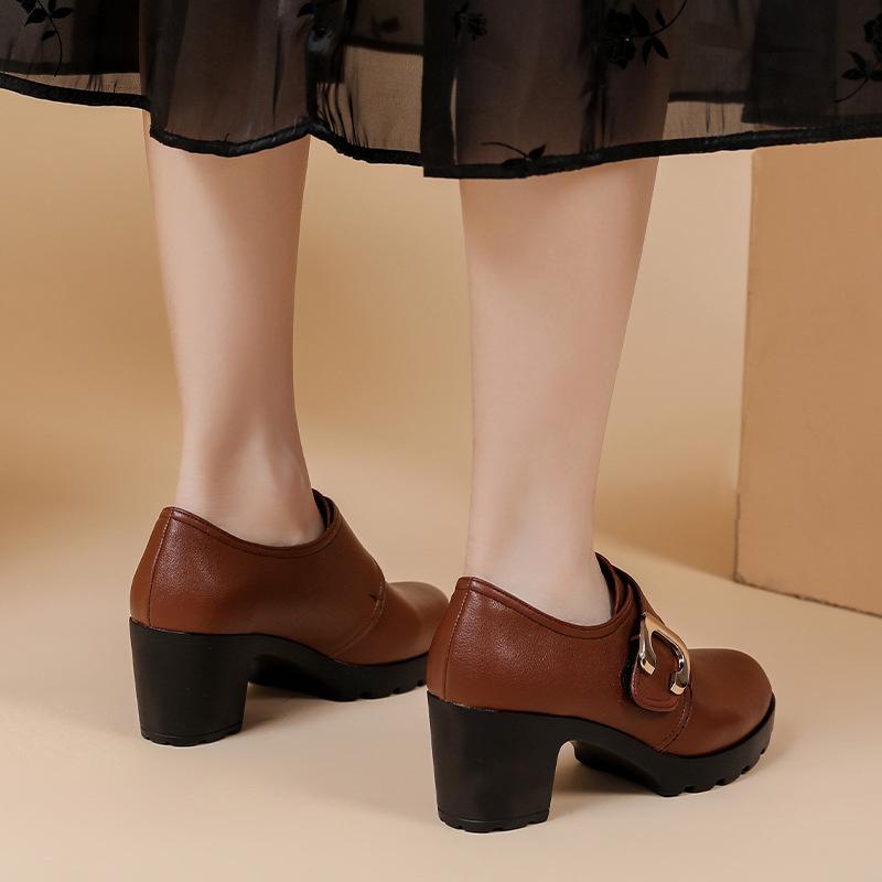 CINESSD 2023 New Deep Mouth Leather Shoes Platform Wedges Shoes Woman Autumn Winter Shoes Elegant Black Shoes