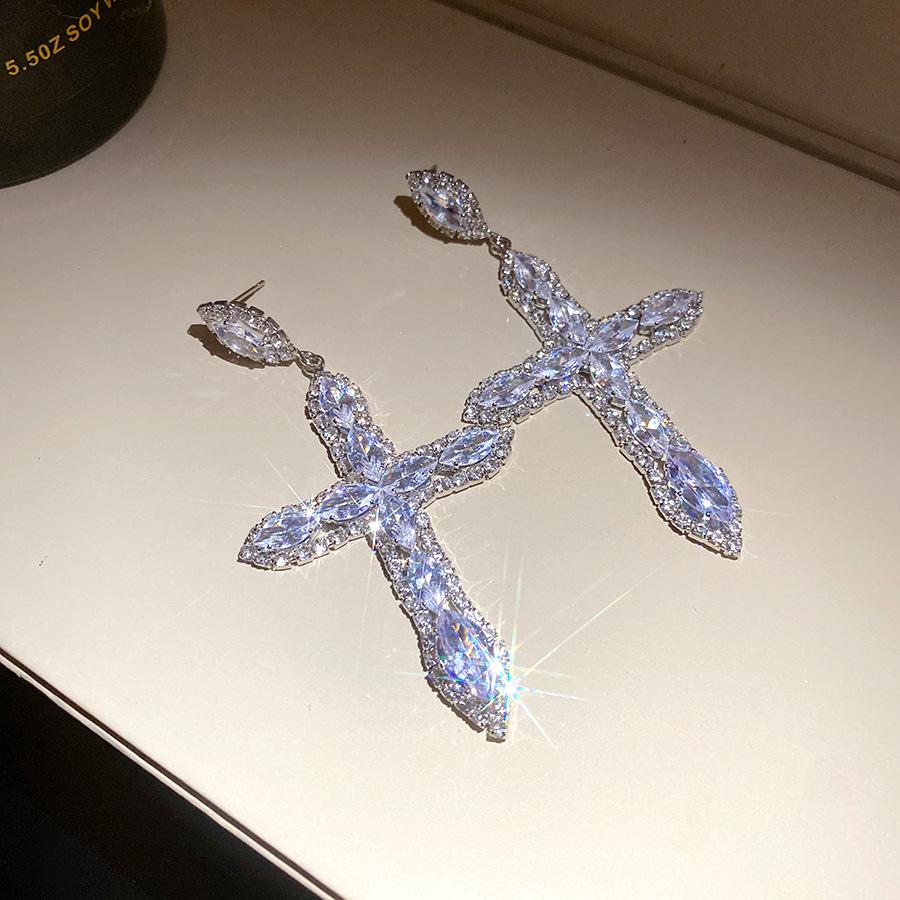 Silver Needle Diamond Zircon Cross Pendant Earrings European and American Simple Fashion Earrings Light Luxury Premium Earrings