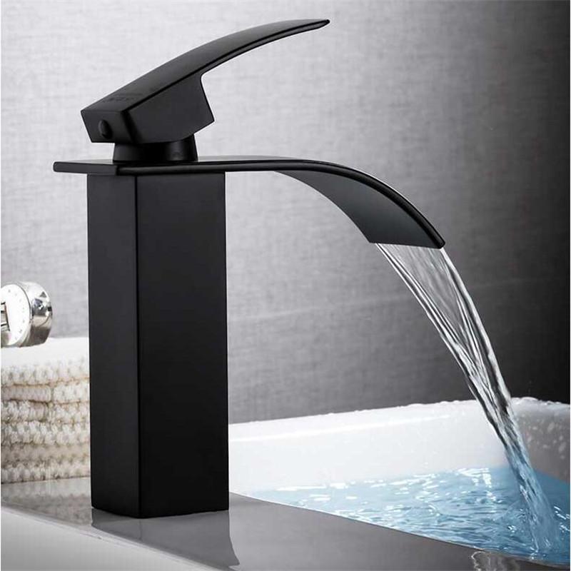 Basin Faucet Gold and Black Waterfall Faucet Brass Bathroom Faucet Bathroom Basin Faucet Mixer Tap Hot and Cold Sink Faucet