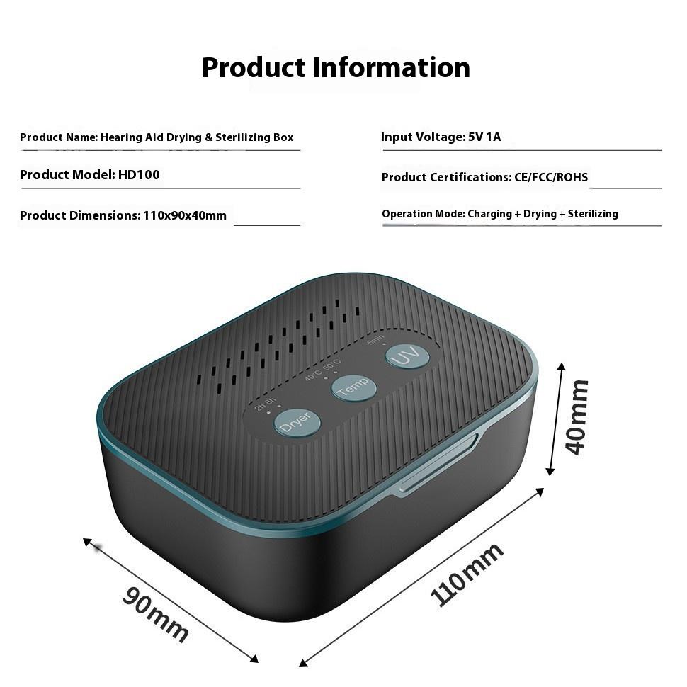 3 In1Uscător de aparate auditive digitale și dispozitiv de curățare și cutie de încărcător Căști Magazin Dezumidificator Carcasă de uscare UV LED cu 2 moduri de sincronizare și temperatură