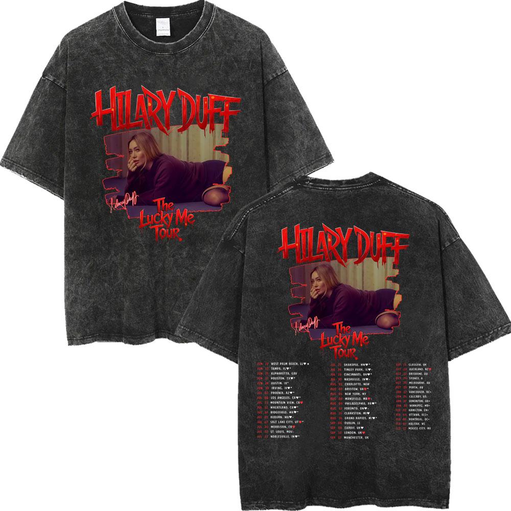 Hilary Duff The Lucky Me Tour Vintage Washed Tshirt Fashion Aesthetic Short Sleeve Tshirts Men Women Casual Loose T Shirt
