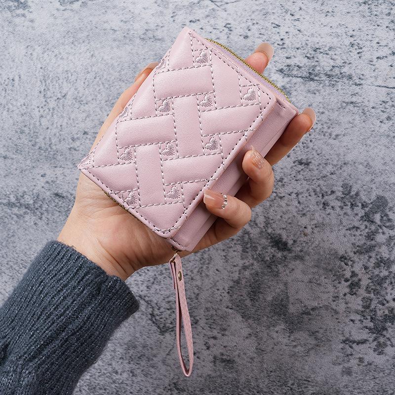 New Women's Short Embroidered Heart Wallet - PU Coin Purse with Multi-Card Slots and Billfold Holder.