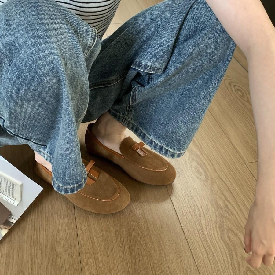 Sheepskin version inner height increase single shoes women's shoes bow white loafers women's versatile suede one-pedal small leather shoes