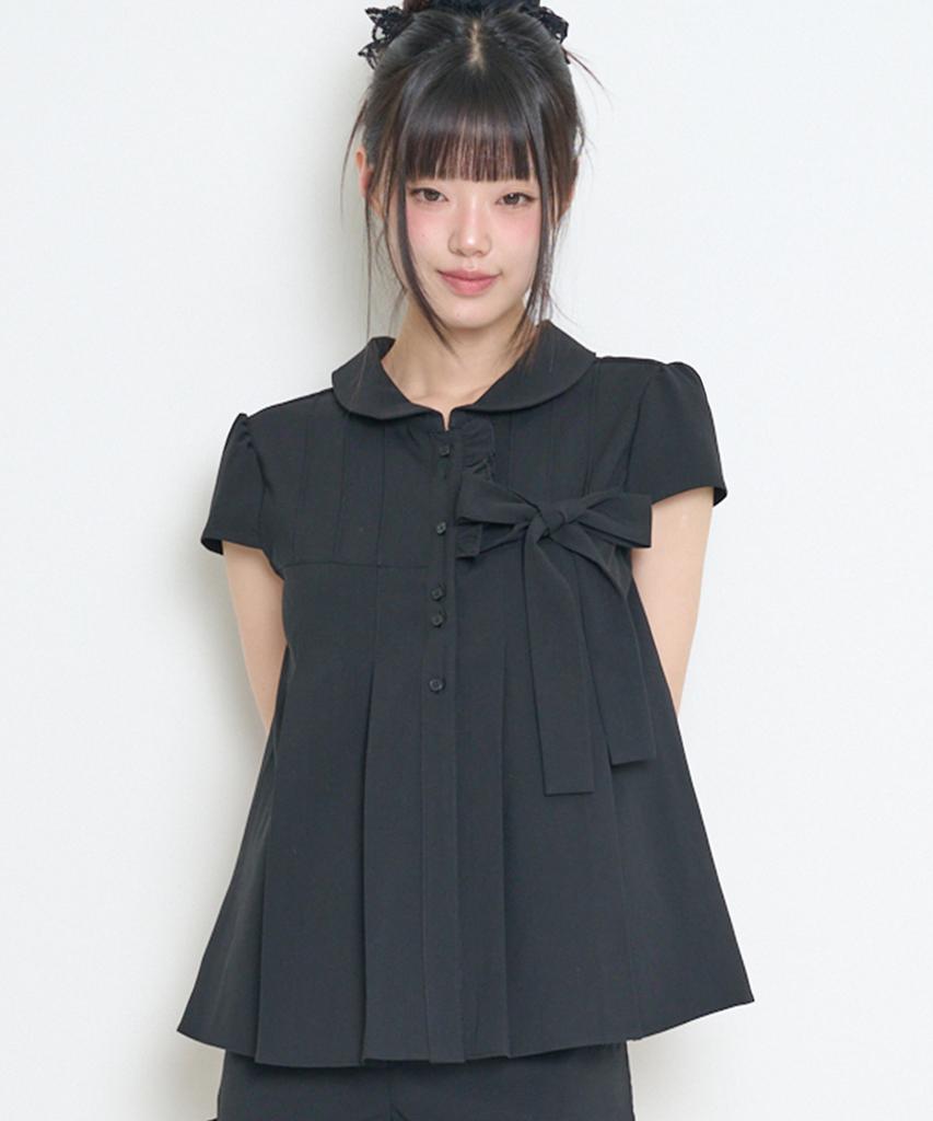 ILLIGO Ribbon Pleated Short Sleeve Blouse Black