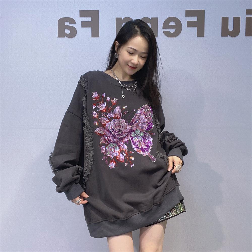 

Повседневный стиль Свитшот большого размера с круглым вырезом для женщин Свободный пуловер Топ для осени и зимы Куртка со стразами One Size чёрный