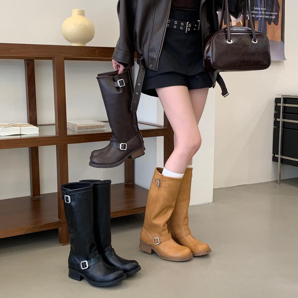 Belt Buckle Boots Women's Winter Round Head Thick Medium Heel Knight Boots Vintage Versatile Motorcycle Boots Boots