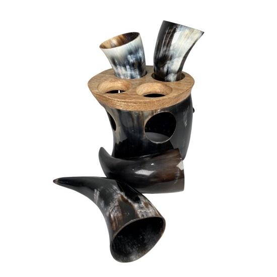 Medieval Authentic Ceremonial Viking Drinking Horn Set of 4 Wooden Stands Wood