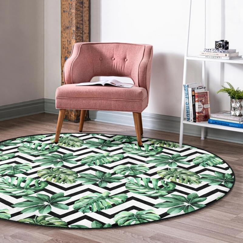 

Зигзагообразный черно-белый полосатый тематический рисунок листа Зеленая прихожая и круглый ковер для прихожей с моющимся нескользящим основанием
