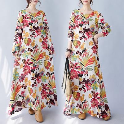 Real Spring New Literary Large Size Loose Printing Round Neck Long Sleeve Dress Women's Long Dress