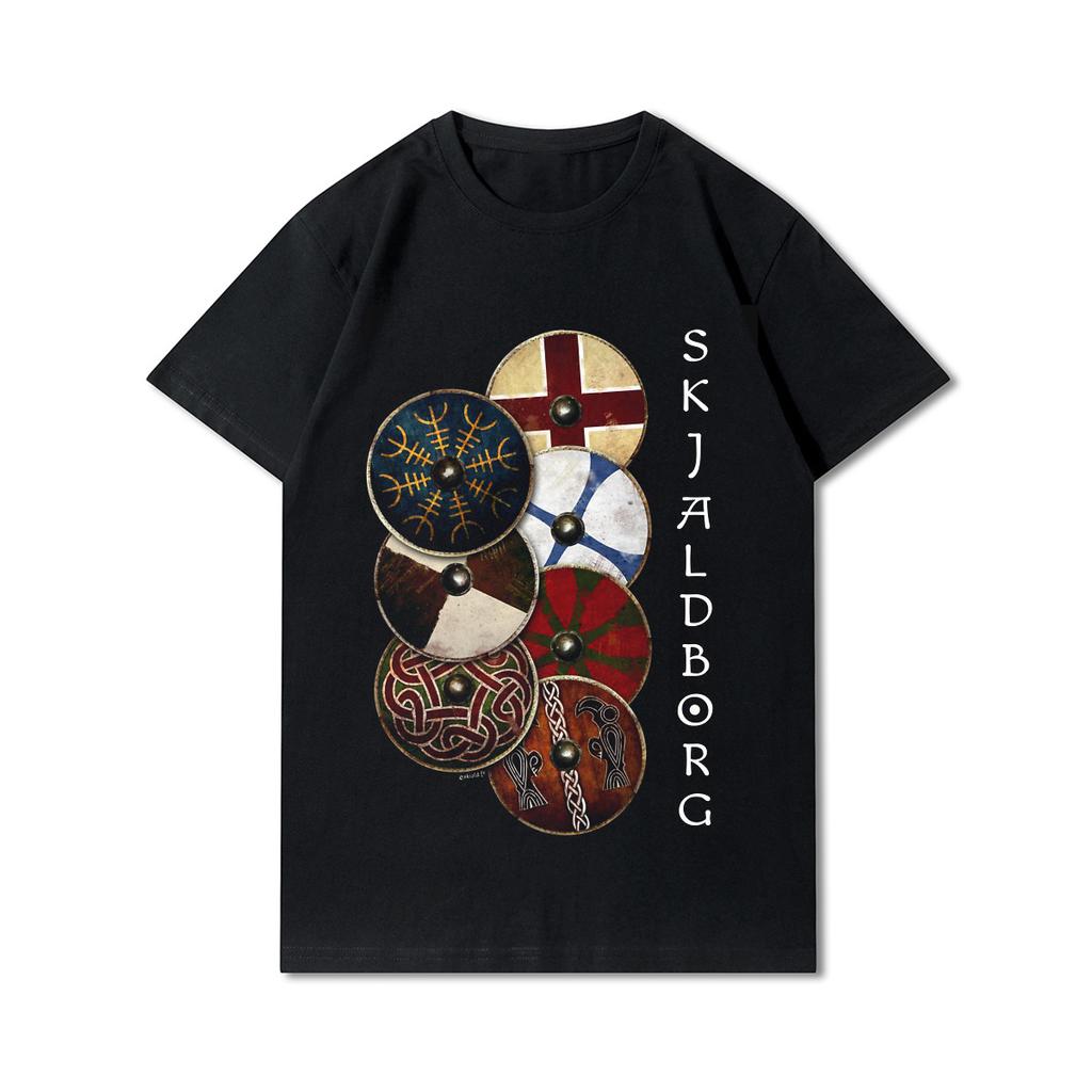 100% Cotton Summer Men T Shirts Viking Vintage Skull Beard with Headphone Printed Casual Top Tees