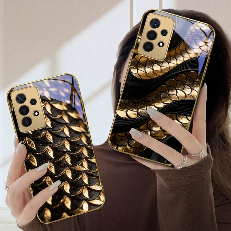 Golden scale texture For Samsung A36 A35 A34 A33 A32 A31 A26 A25 A23 A22 A21s A73 A72 A71 A42 A56 A13 16 Golden glass phone case