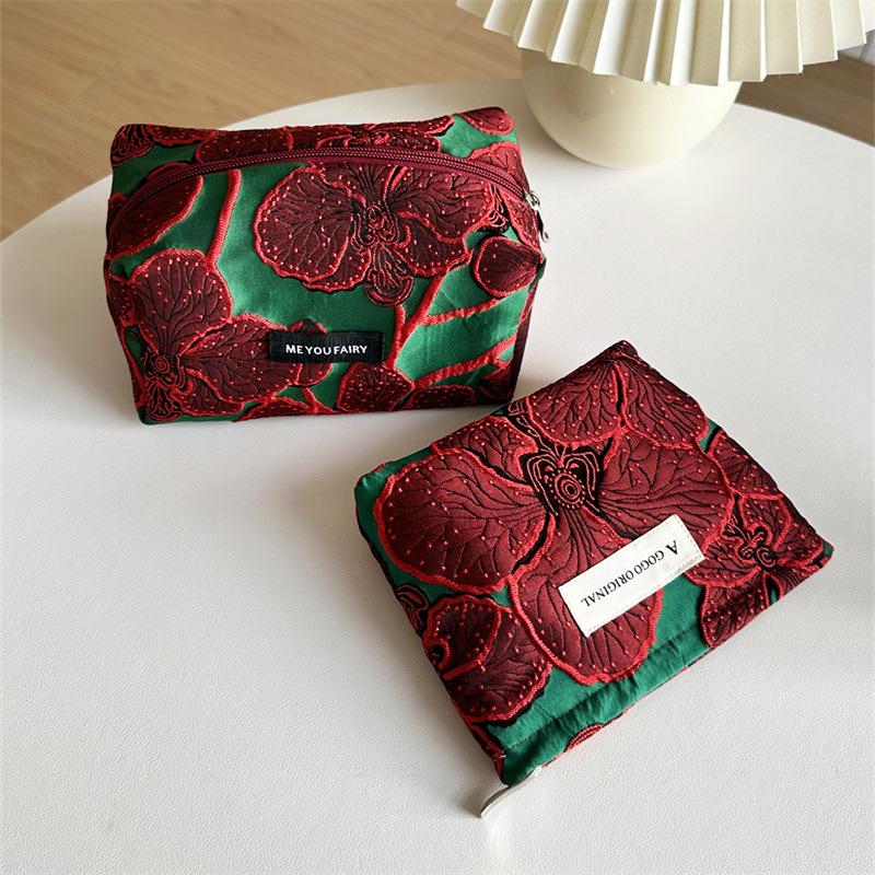 Vintage Canvas Make-up Tasche Roter Pilz/Granatapfelblüten Druck Große Größe Münz-Schlüssel-Tasche Waschbar Tragbare Handtasche Geschenk
