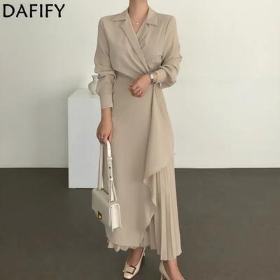 Women's Fashion Spring Fall Solid Color Print Long Sleeve POLO Neck High Waist Casual Dresses