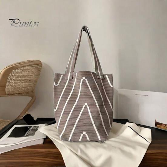 Women Shoulder Bag Wave Braided Texture Contrast Color Large Capacity Open Design Lightweight Portable Handbag for Daily Travel Commuting