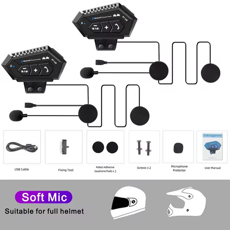 1/2Pcs Bt12B Motorcycle Helmet 1000Mah 500M Intercom Headset Stereo Bluetooth Wireless Hands-Free Headset Music Player New Style