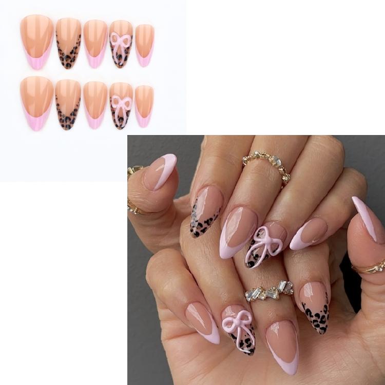 Reusable Press On Nail With Leopard Print 3D Bows Design Hypoallergenics ABS Material Instants Manicure Solution For Busy Women