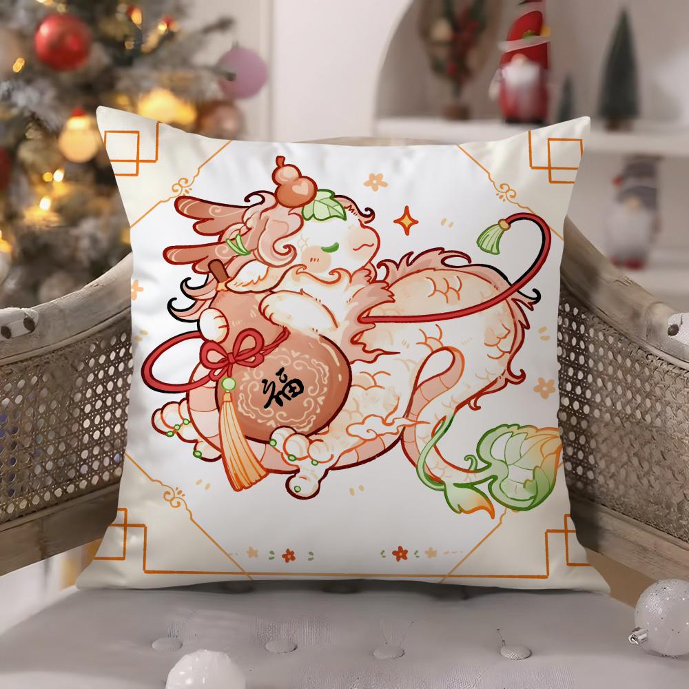 Festive Cartoon Chinese Dragon Print Pillow Case Comfort Sofa Bed Silky Elegant Invisible Zipper Decorative Cushion Cover