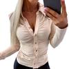 Elegant Women Solid Color Shirt Lapel Long Sleeve Office Tops Pleated Single-breasted Blouse Workwear
