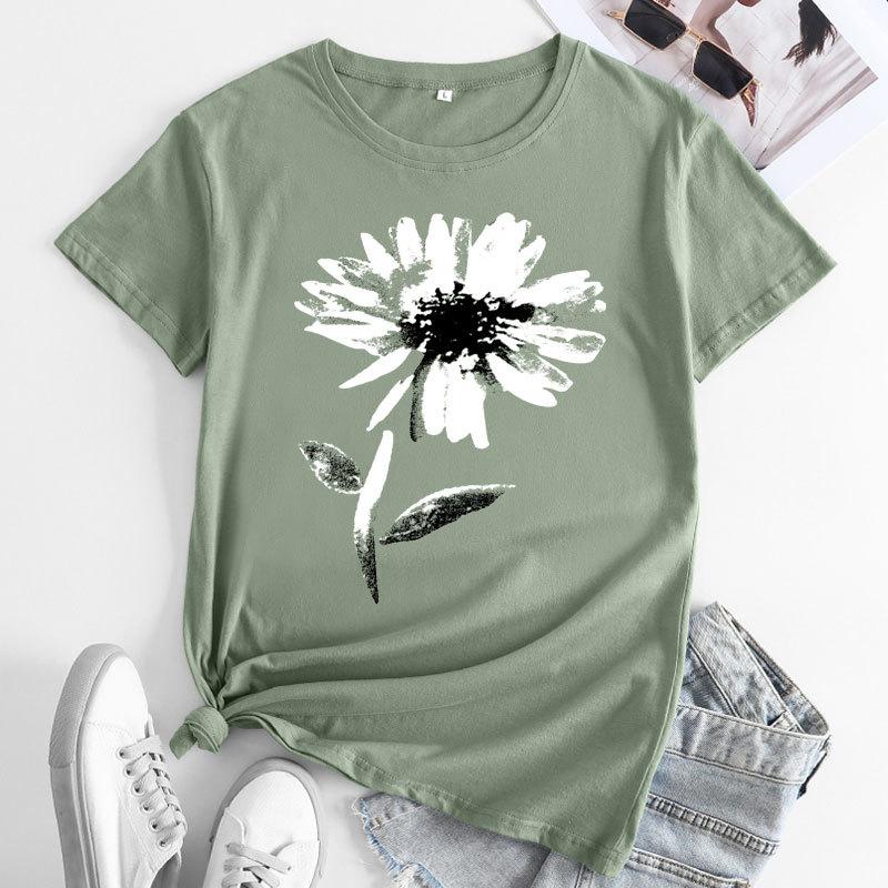 Summer Round Neck Floral Print Top Fashionable Casual Short Sleeved Women's Pure Cotton T-shirt