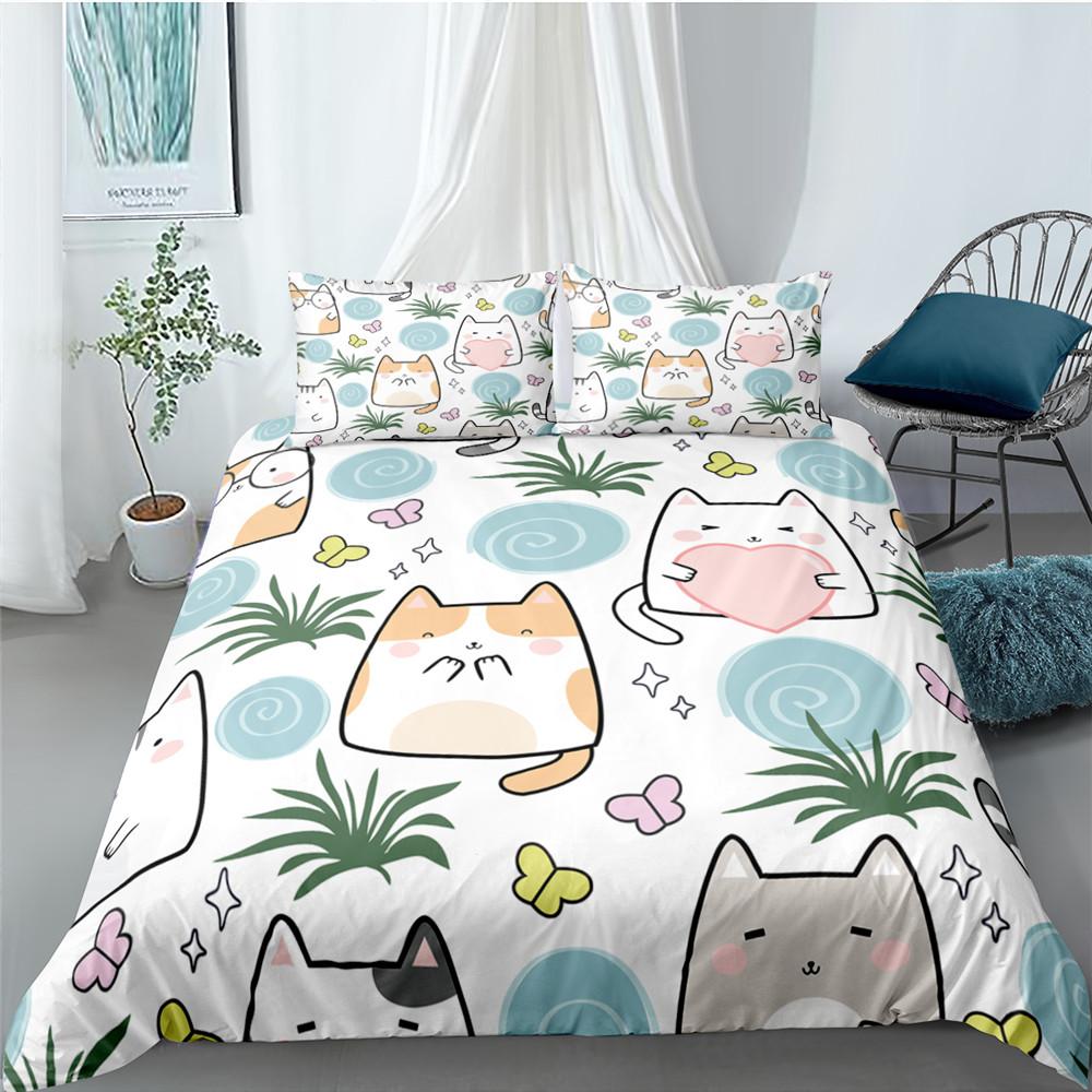 Classic Modern Cartoon Cat for Kids Girl Polyester Kitten 2 3pcs Animal Single Twin Queen King Quilt
