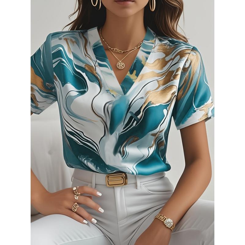 

Women s elegant marble print short-sleeved shirt spring and summer XL