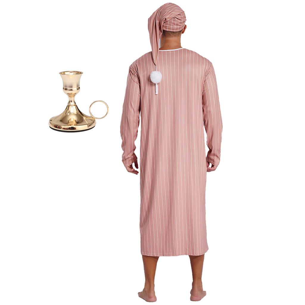Erkek Pijama Bornozu Çizgili Sivri Şapka Metal Konik Mumluk Seti Uzun Kollu Pijama Elbisesi Noel Kostümü