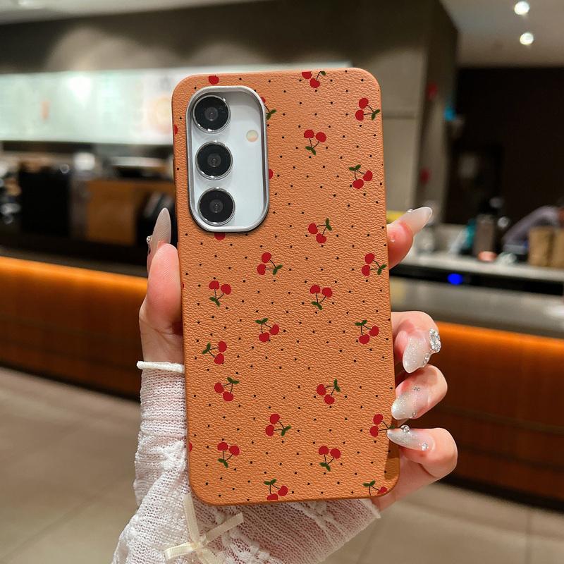 Cherry Wave Point Print Soft Phone Case For Samsung S25 Ultra S24 FE S23 S22 A16 A56 A55 A36 A15 A26 TPU Matte Leather Texture Shockproof Slim Cover