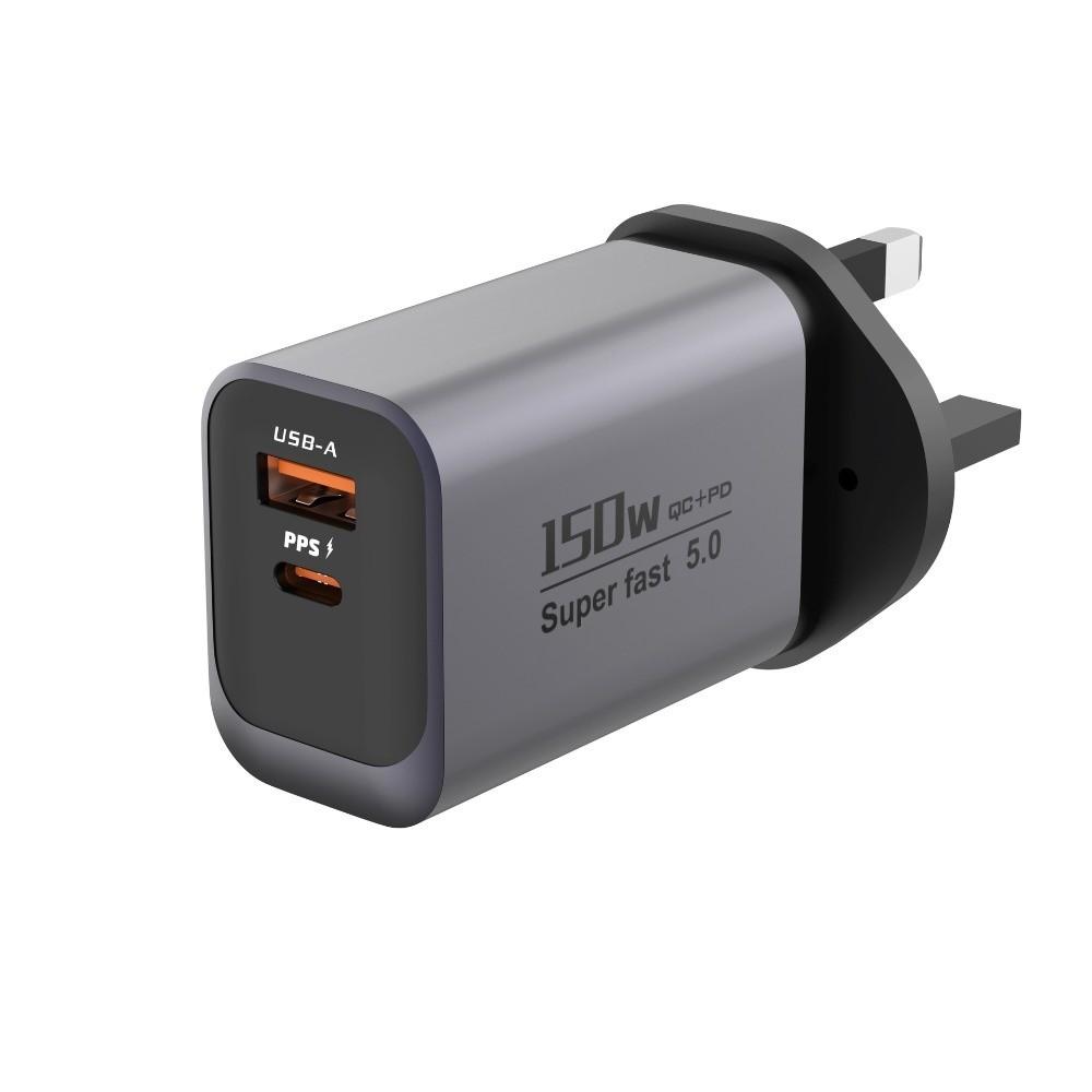 

USB A+C 150W Charger Plug 2-Ports Quick Charge Adapter for Huawei/Xiaomi/Samsung UK-Grey