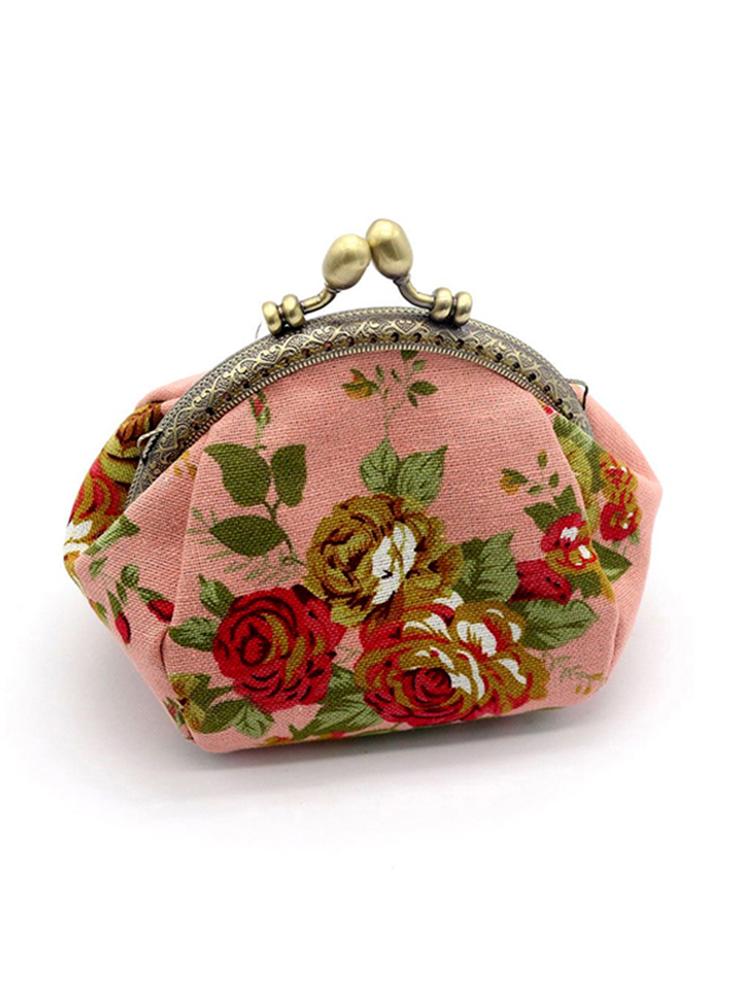 

Women s vintage rose print canvas coin purse, kiss lock clip fabric purse card bag storage bag розовый