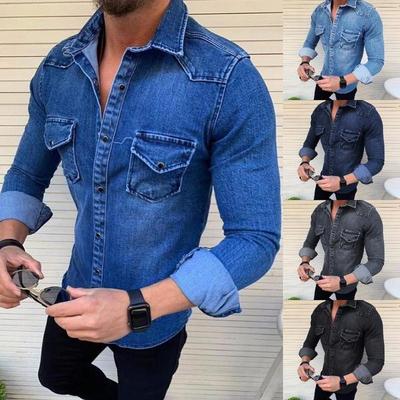 Mens Long-sleeved Denim Jacket Washed Denim Men Casual Slim Jeans Shirt