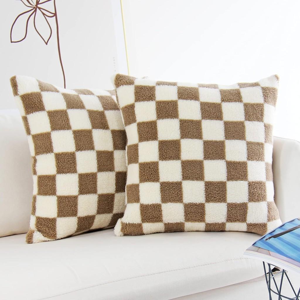 Geometric Checkered Sherpa Fleece Pillow Covers For Sofa Living Room Home Decor