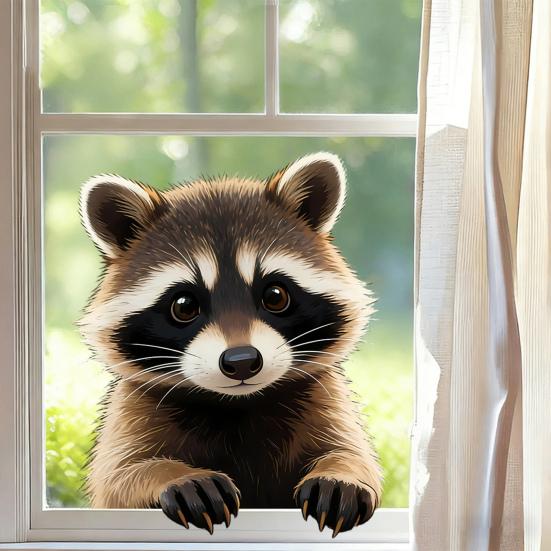 Adesivos de Janela de Animais Raposa Gato Guaxinim Desenho Animado Adesivos Estáticos Removíveis para Quarto de Crianças Sala de Estar Portas de Vidro Janelas