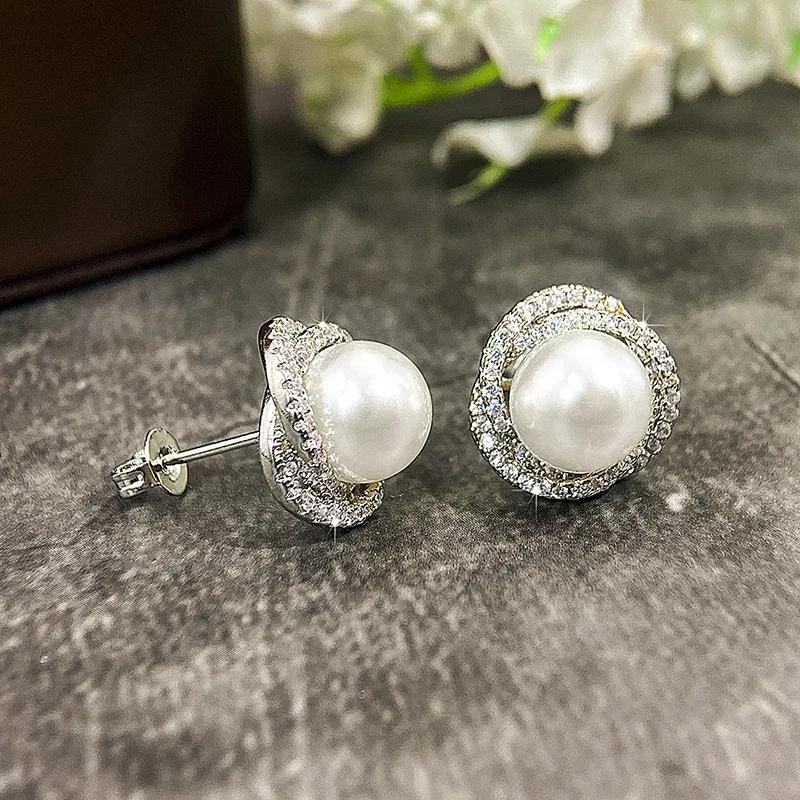 New Arrival Female Earrings  Sterling Silver Shiny Imitation Pearl Zircon Earrings for Women Cross Design Ear  Gift