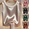 Gilet Femme Col Rond Décor Perles Imitation Sans Manches Hauts Satin Lisse Hauts Doux Coupe Ample Hauts Décontractés Fête Vacances Usage Quotidien
