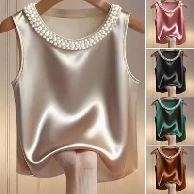 Women Vest Round Neck Imitation Pearls Decor Sleeveless Tops Smooth Satin Soft Tops