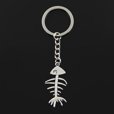 Fashion 30mm Key Ring Metal Key Chain Keychain Jewelry Antique   Plated Fish Bone 42x21mm Pendant
