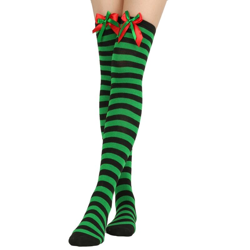 Striped Stockings For Women Over The Knee Long Socks Christmas Green Red Bowknot Long Socks Female Leg Stocking