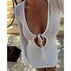 Holiday Hollow Out Mini Dress Women Knit Lace Up Long Flare Sleeve Beach Dresses, Lady Vacation Solid Vestidos