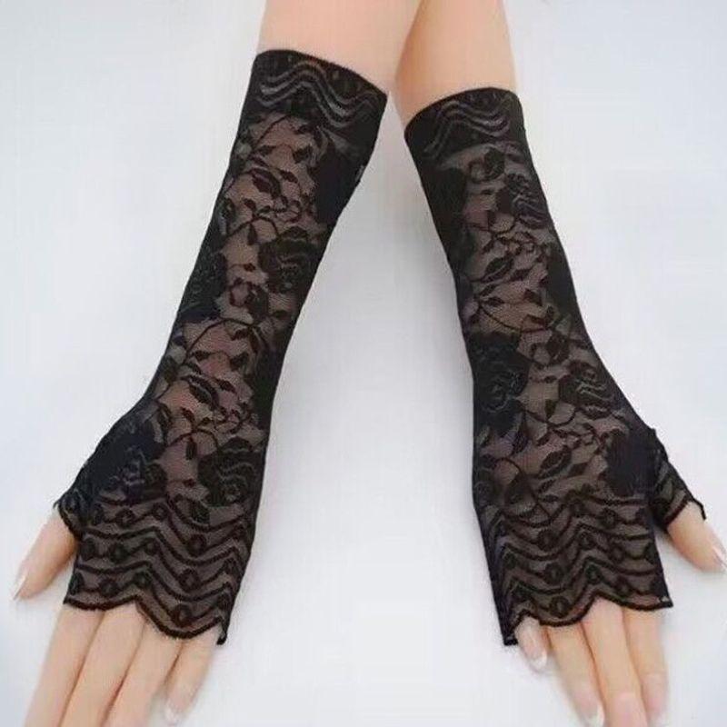 

Lace Sun Protection Half Finger Gloves Women Summer Breathable Cooling Scar Covering Tattoo Driving Thin Outdoor Sexy Elegant Rose 25cm long black All yards