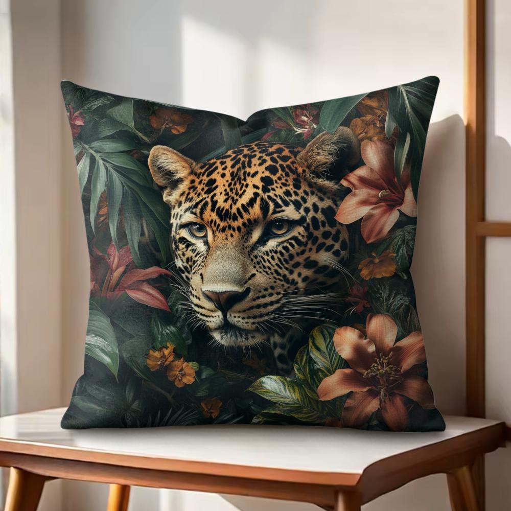 Leopard Kranz Kunst Kissenbezug Natürlicher Leinen Bio-Stoff Beidseitiger Druck Sofakissenbezüge Heimdeko Geschenk