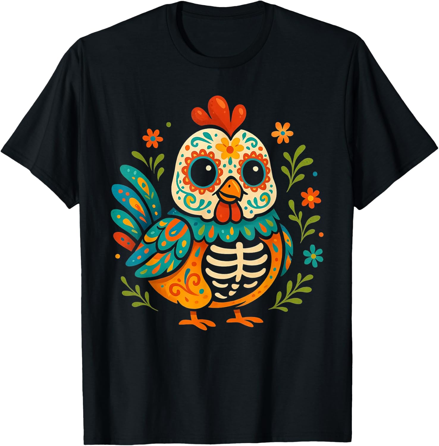 Colorful Sugar Skull Chicken Día de Los Muertos Fun Skeleton T-Shirt XXXL
